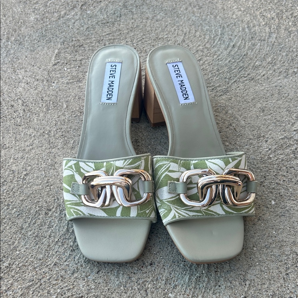 Steve Madden Olive Leaf Print Mules with Gold Accent